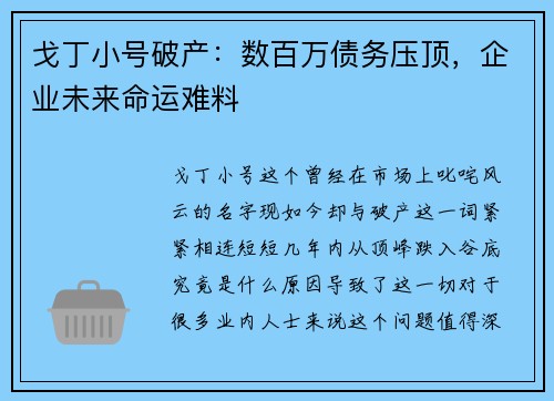 戈丁小号破产：数百万债务压顶，企业未来命运难料